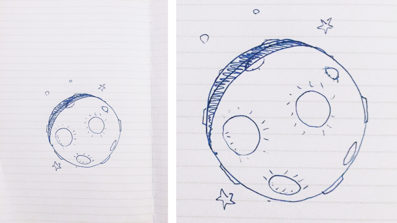 Images in this story present the sketch in full on the left and a detail of what each game creator added on the right. For the first sketch, Michel Ancel’s moon is one and the same.